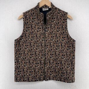 CHICOS Vest 1 M DESIGN Tweed Leopard Print Full Zip Sleeveless Cotton Brown Vtg